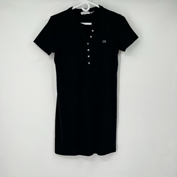 Womens Calvin Klein M Black Shirt Dress Classic Everyday SS Midi Sheath Logo - Picture 2 of 9